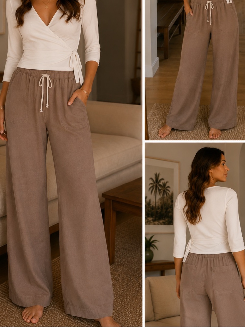 Joie 100% Lyocell Wide Leg Pull On Pants Taupe Brown Relaxed Lounge Boho Size M